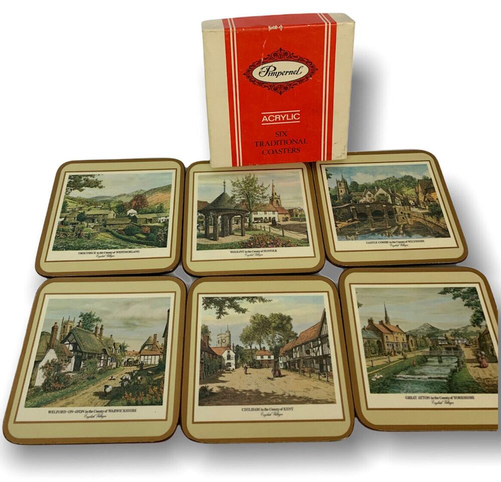 Pimpernel Acrylic Coasters Cork Backed Set of 6 English Villages 4" Square
